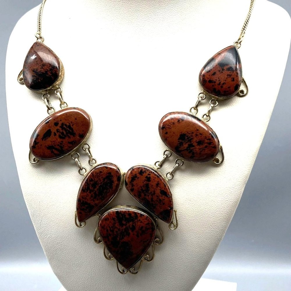 Vintage Silver and Mahogany Obsidian Stone Bib Necklace, Peruvian Alpaca Beauty